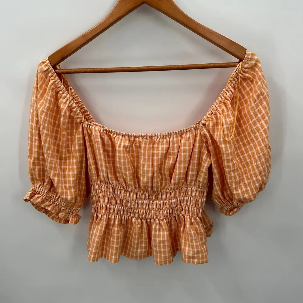 ASTR THE LABEL NWT Orange Plaid  Check Puff Sleeve Smocked Blouse // M